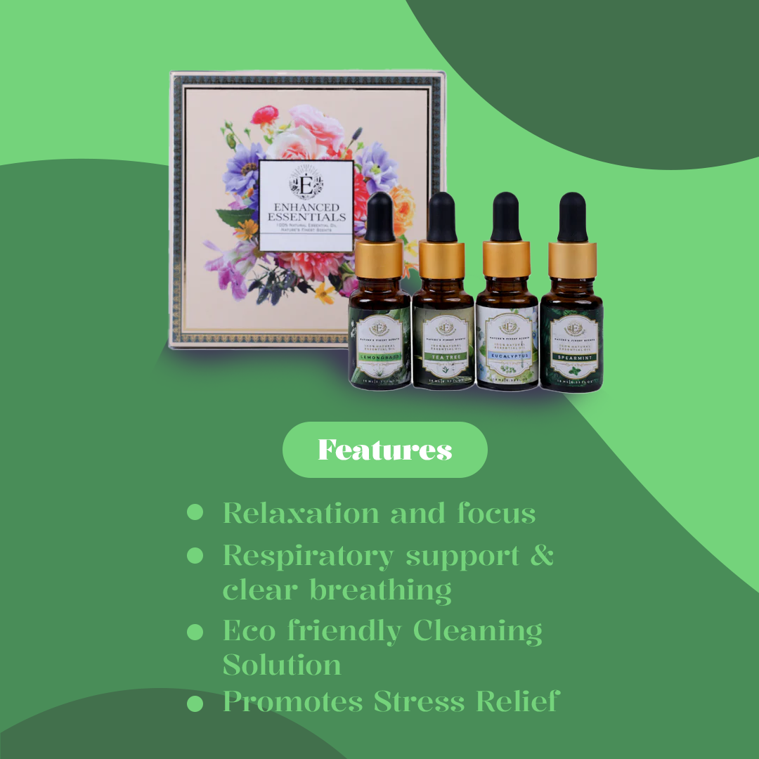 Herbal Elegance - Box Of Tea Tree, Spearmint, Lemongrass & Eucalyptus – 100% Natural Essential Oil (4 x 10 mL)